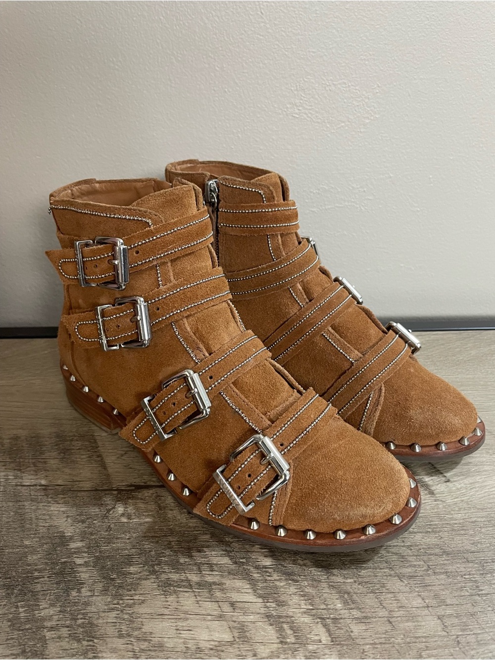 Women's SCHUTZ Caramel Brown Suede LYLA Silver STUDDED Strappy MOTO Ankle BOOTS